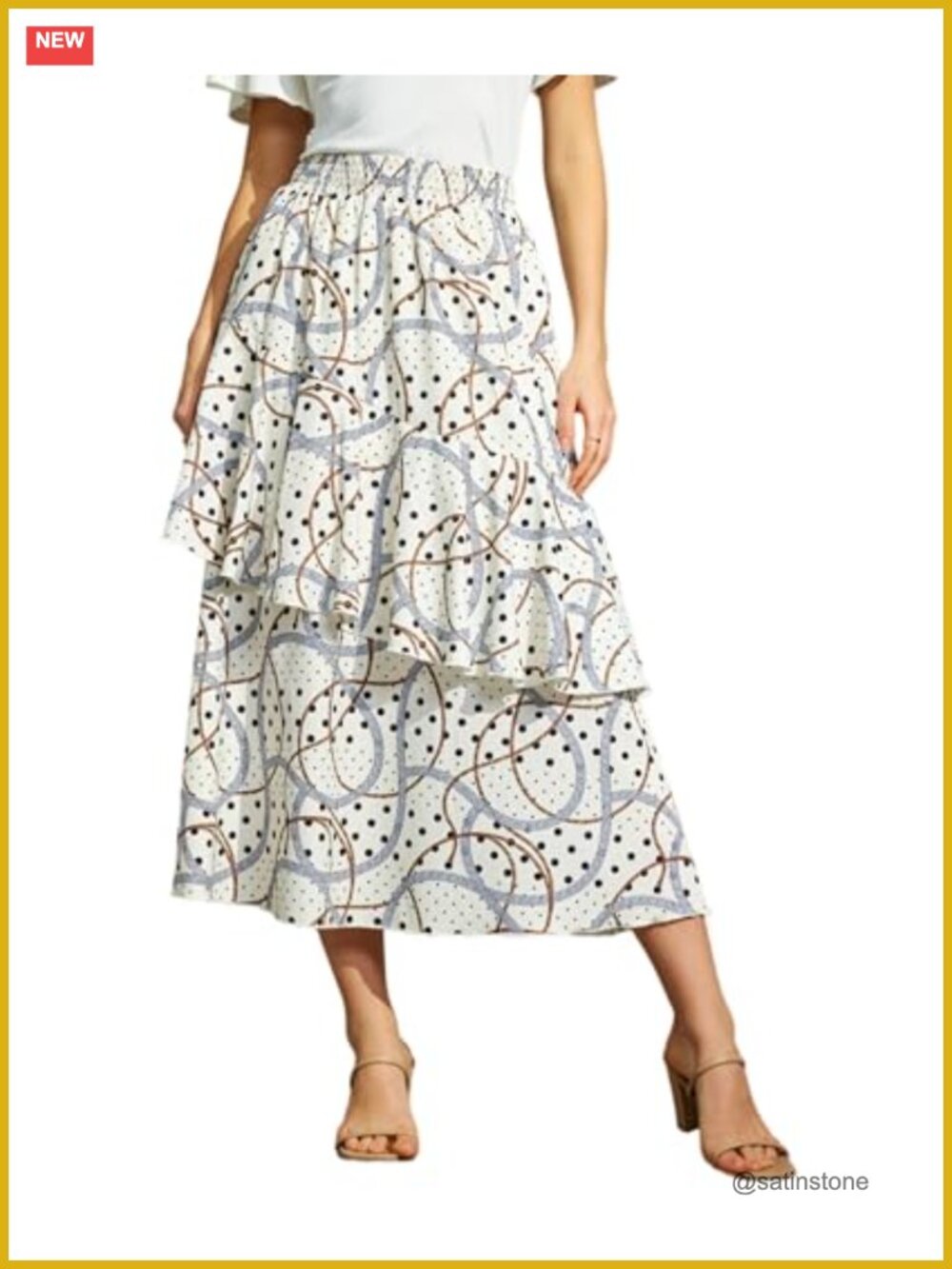 Tiered Ruffle Midi Skirt 100% Polyester Boho Flowy A-Line with Pockets